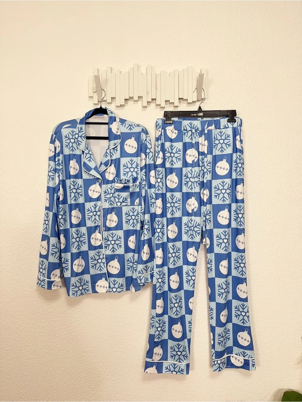Miss Sparkling Blue White Christmas Snowflake Ornament Pajama Set Holiday PJs NW